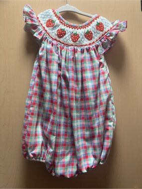 Smocked Strawberry Plaid Baby One-Piece Footie